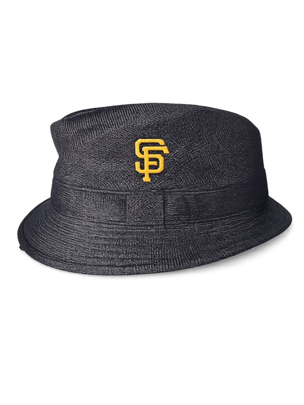 Black and Orange Bucket Hat with Gold Logo and Textured Fabric